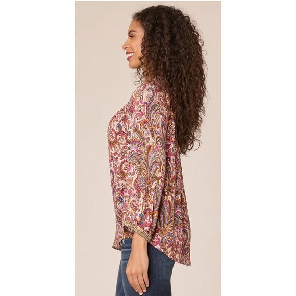NWT DEMOCRACY Top XL 3/4 Blouson Sleeve Ruffle Split V-Neck Printed Sage Berry - Picture 2 of 16